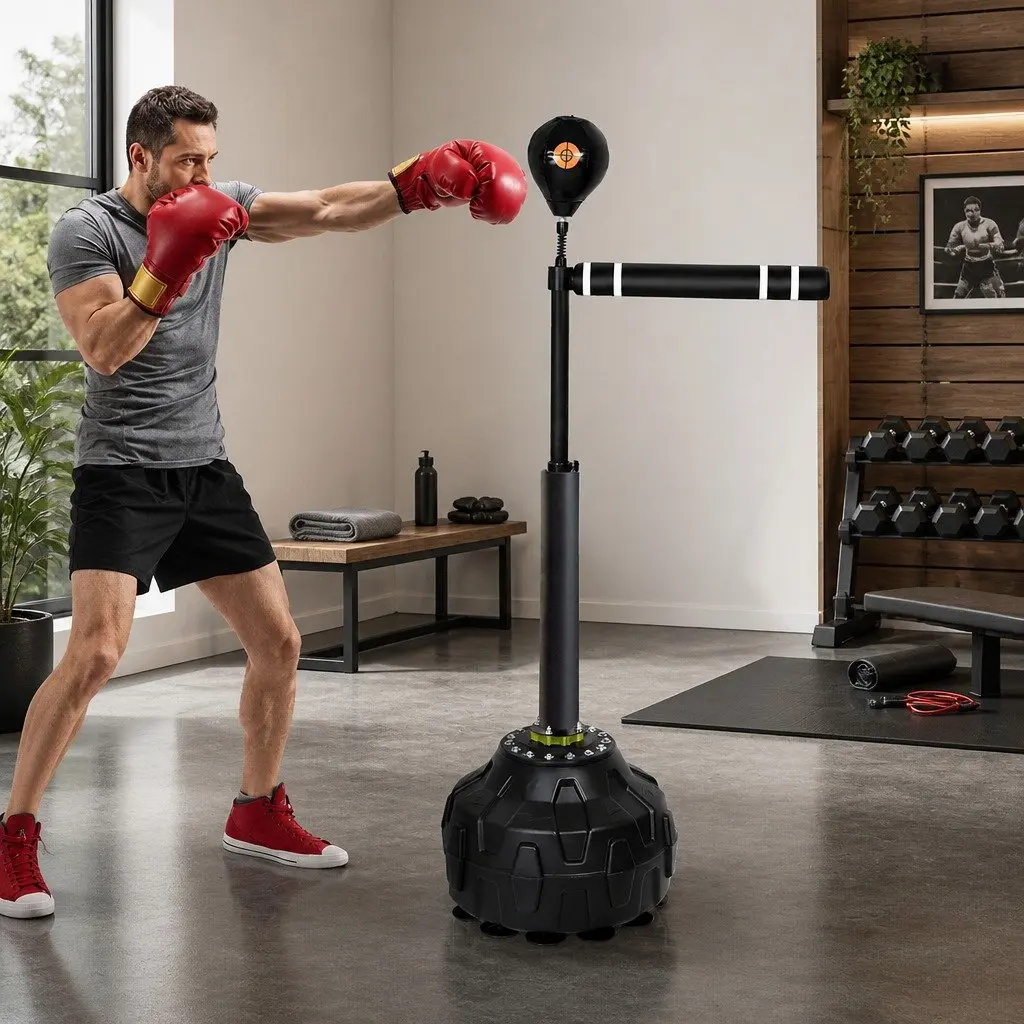Freestanding Boxing Reflex Bag Adjustable Height Spinning Arm Speed Ball Training Device Black