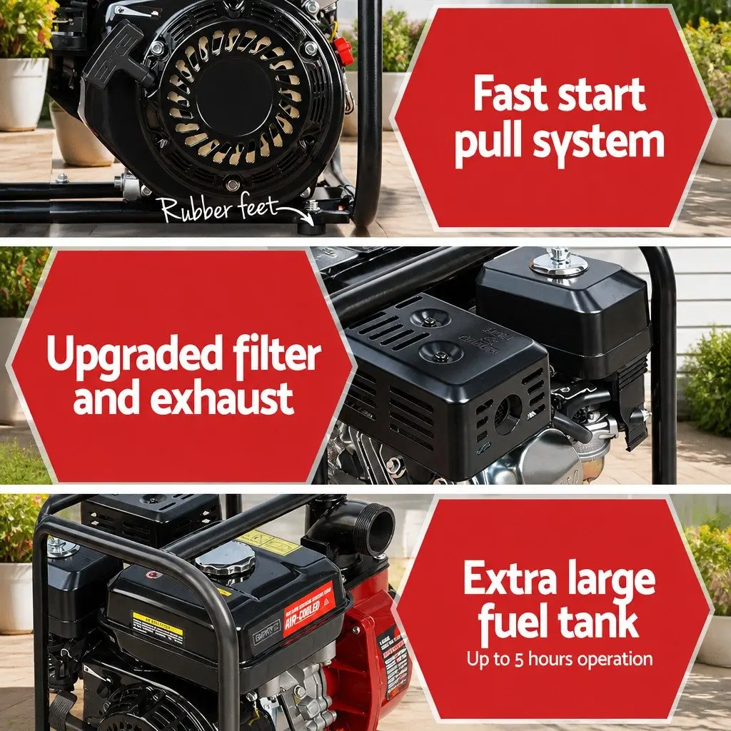 Petrol Water Pump 4-Stroke Engine 2 Inch 7HP High Flow Red Garden Irrigation and Heavy Duty Cleaning