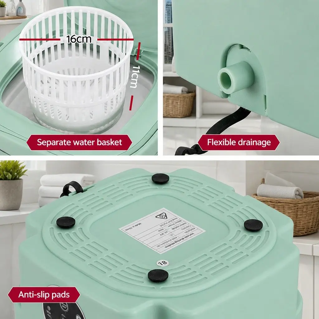 Portable Folding Washing Machine 8L Capacity Lightweight Travel Laundry Green