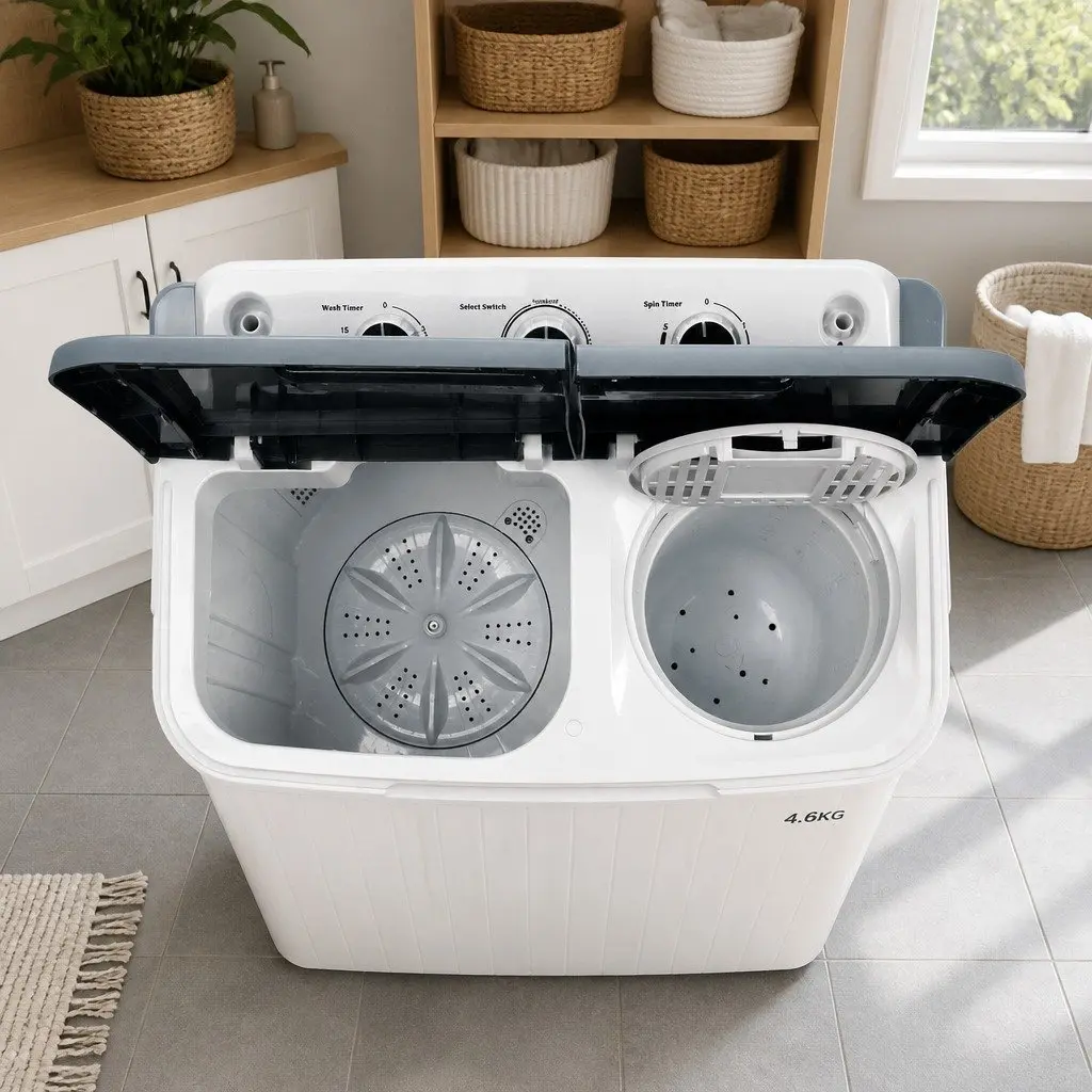 Twin Tub Portable Washing Machine Lightweight 4.6kg Compact White for Camping and Caravanning