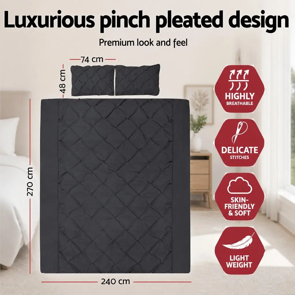 Quilt Cover Set Diamond Pintuck Design Super King Black 3 Piece Bedding