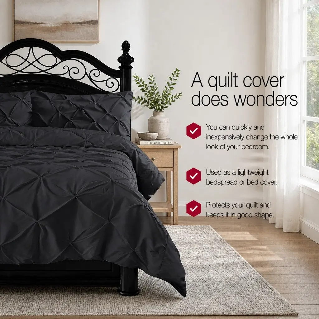 Quilt Cover Set Diamond Pintuck Design Super King Black 3 Piece Bedding