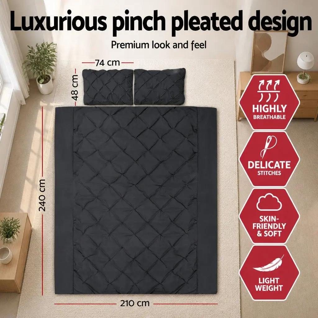 King Quilt Cover Set Microfibre 3-Piece Diamond Pintuck Pinched Black