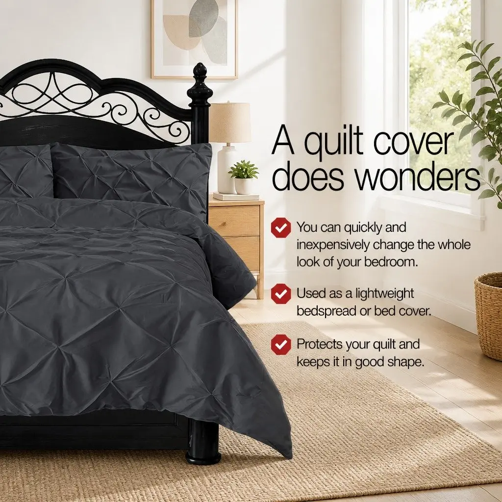 King Quilt Cover Set Microfibre 3-Piece Diamond Pintuck Pinched Black