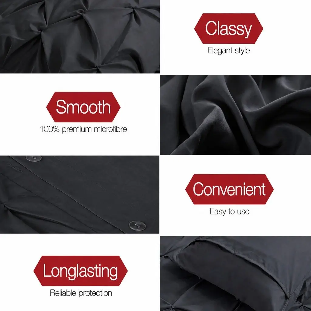 King Quilt Cover Set Microfibre 3-Piece Diamond Pintuck Pinched Black