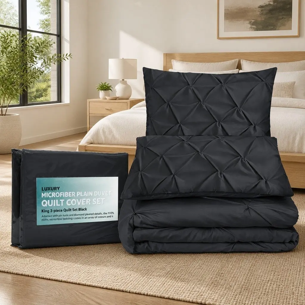King Quilt Cover Set Microfibre 3-Piece Diamond Pintuck Pinched Black