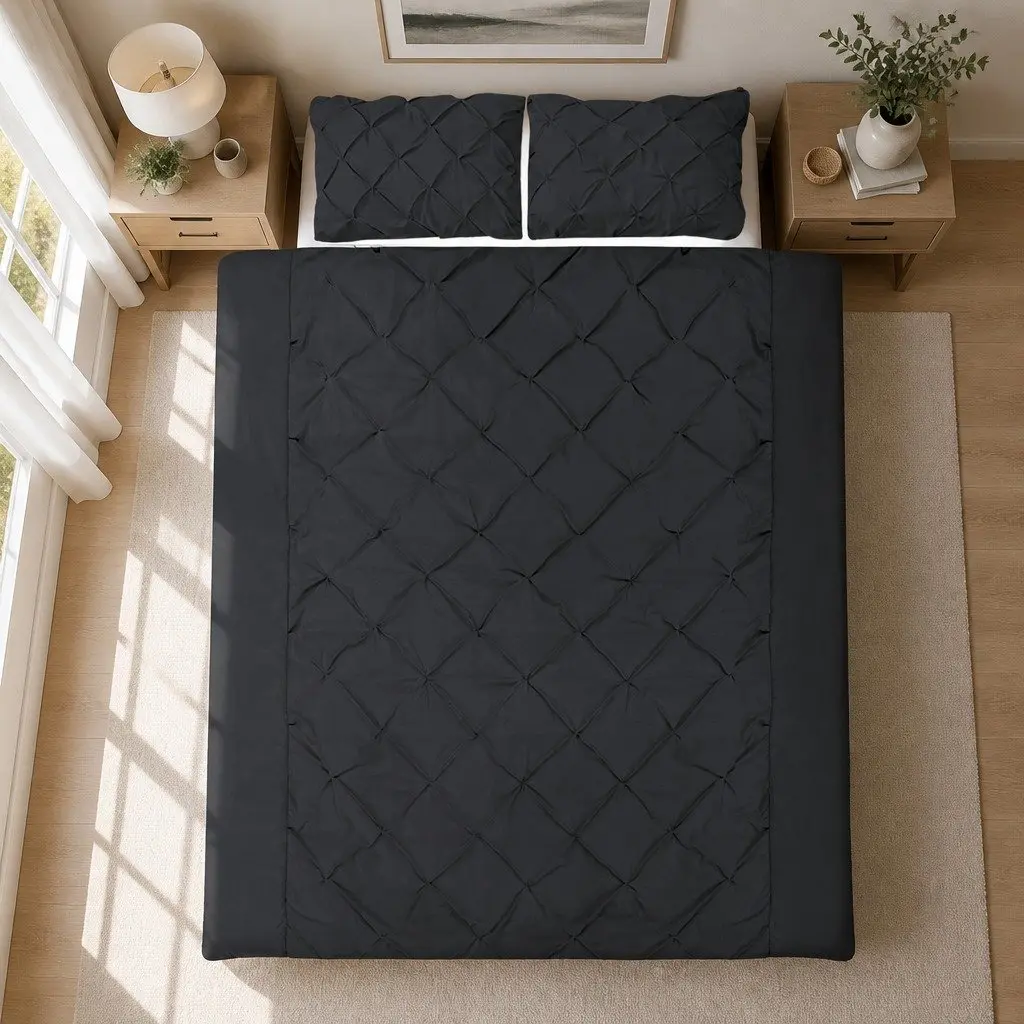 Queen Quilt Cover Set Pinch Pleat Diamond Design 3-Piece Bedding Black