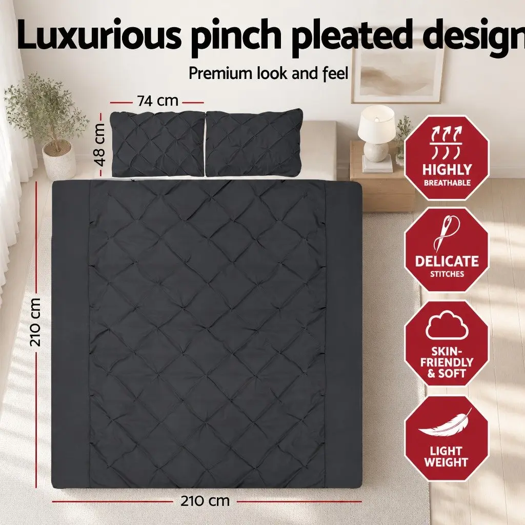 Queen Quilt Cover Set Pinch Pleat Diamond Design 3-Piece Bedding Black