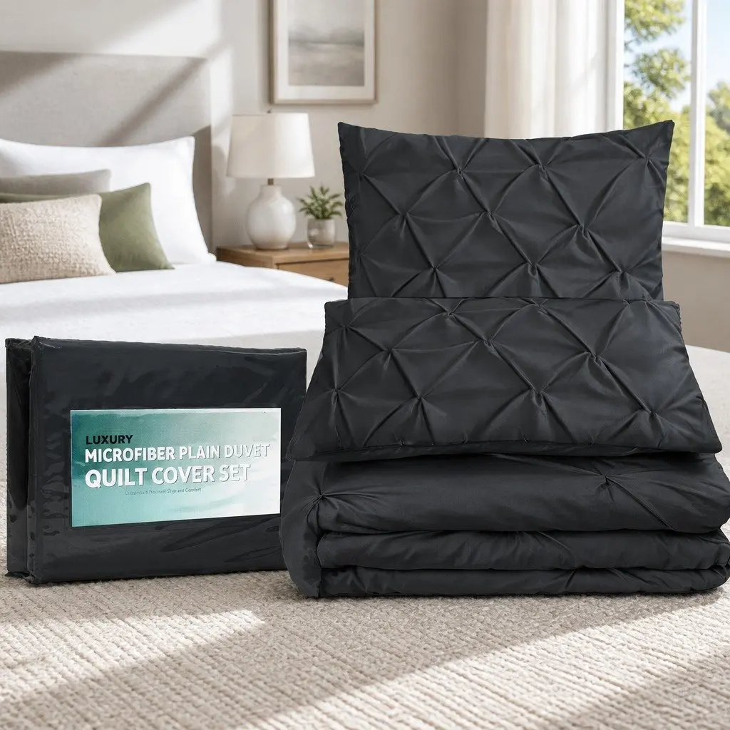 Queen Quilt Cover Set Pinch Pleat Diamond Design 3-Piece Bedding Black