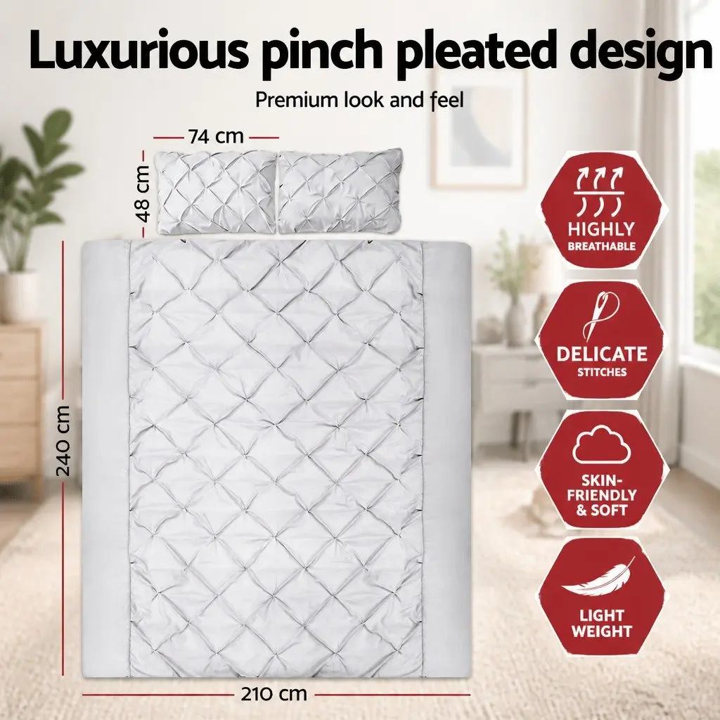 King Quilt Cover Set 3 Piece Diamond Pintuck Duvet Bedding Grey Pillow Cases