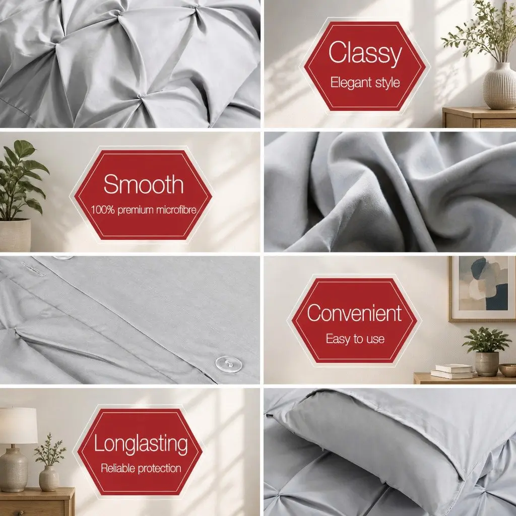 King Quilt Cover Set 3 Piece Diamond Pintuck Duvet Bedding Grey Pillow Cases
