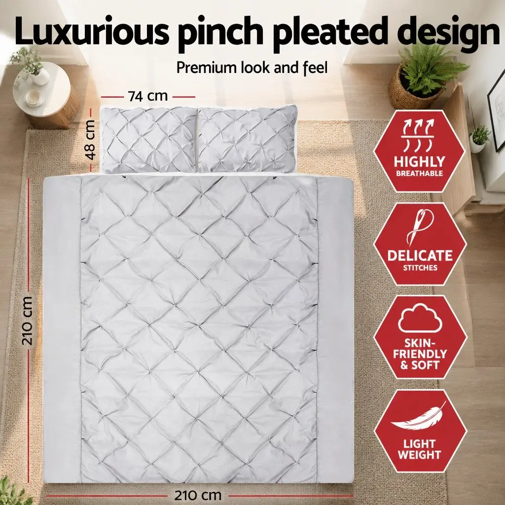 Queen Quilt Cover Set Microfibre 3-Piece Pinch Pleat Diamond Bedding Grey