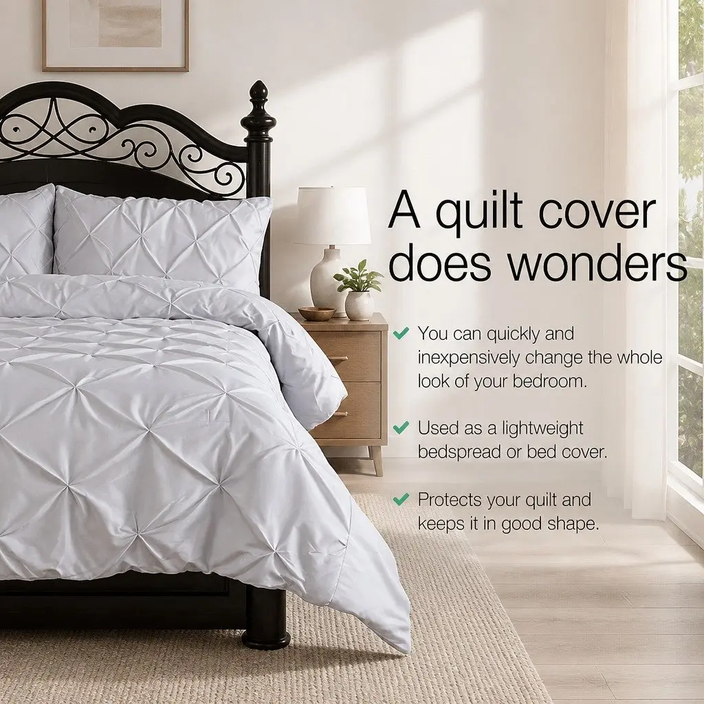 Queen Quilt Cover Set Microfibre 3-Piece Pinch Pleat Diamond Bedding Grey