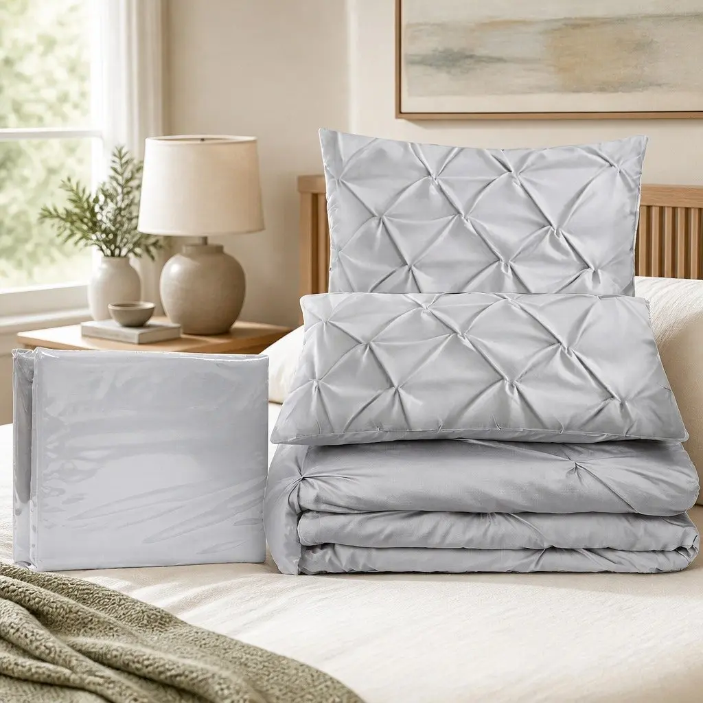 Queen Quilt Cover Set Microfibre 3-Piece Pinch Pleat Diamond Bedding Grey