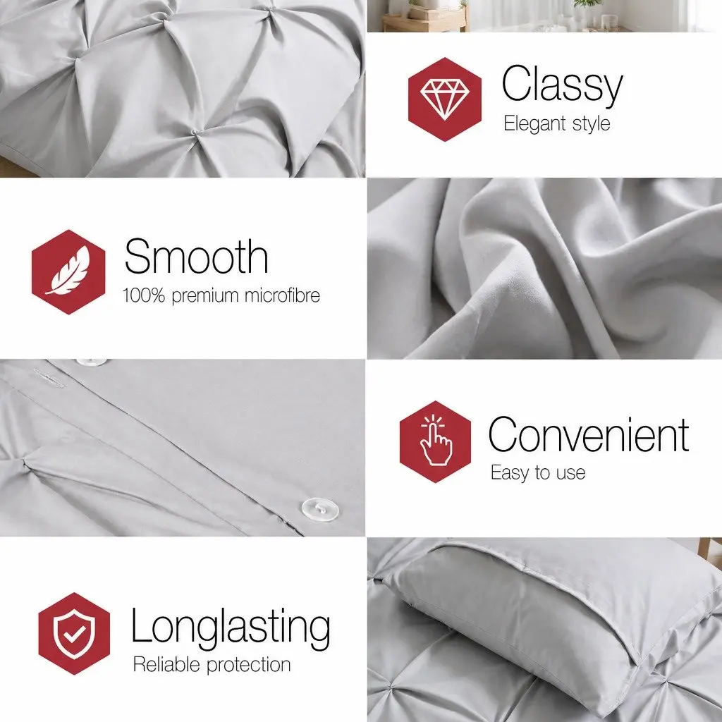 Queen Quilt Cover Set Microfibre 3-Piece Pinch Pleat Diamond Bedding Grey