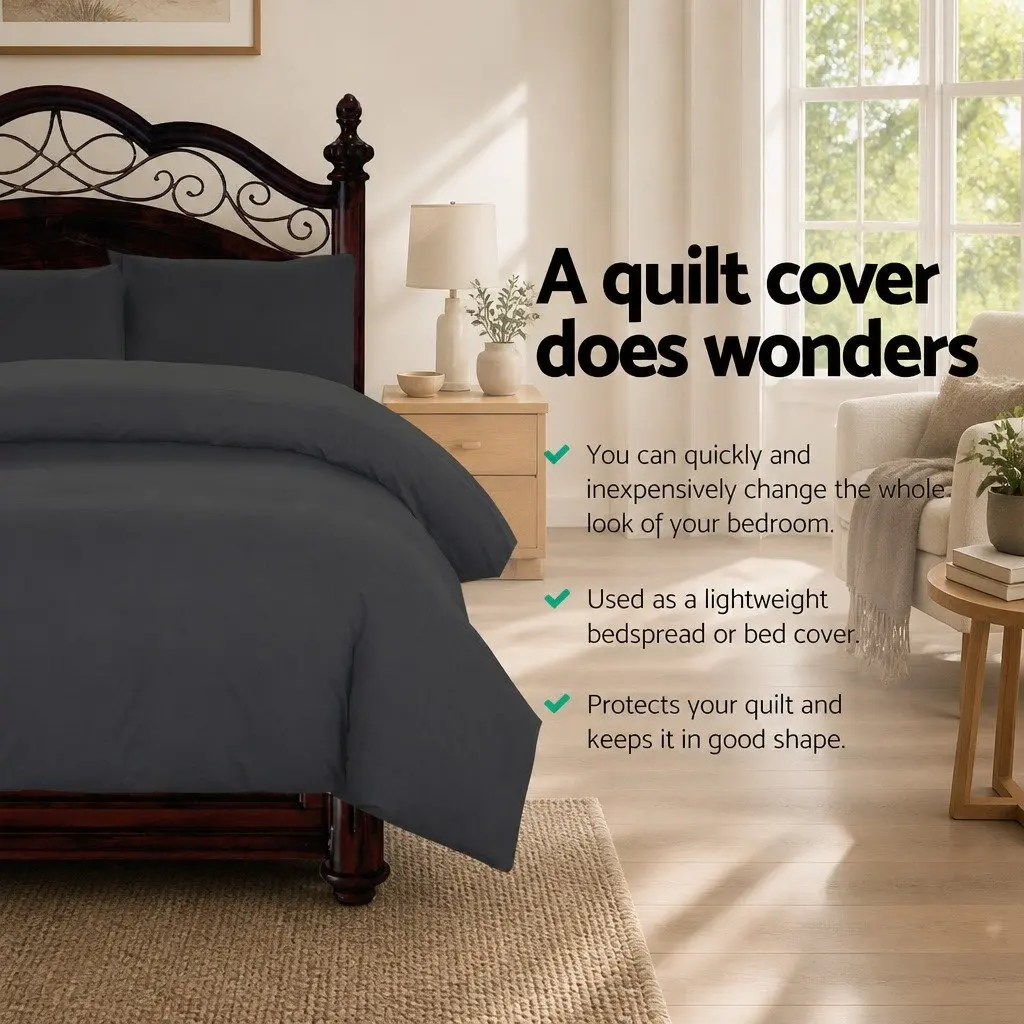 Quilt Cover Set Super King Black 3-Piece Duvet Bedding Microfibre Pillowcases