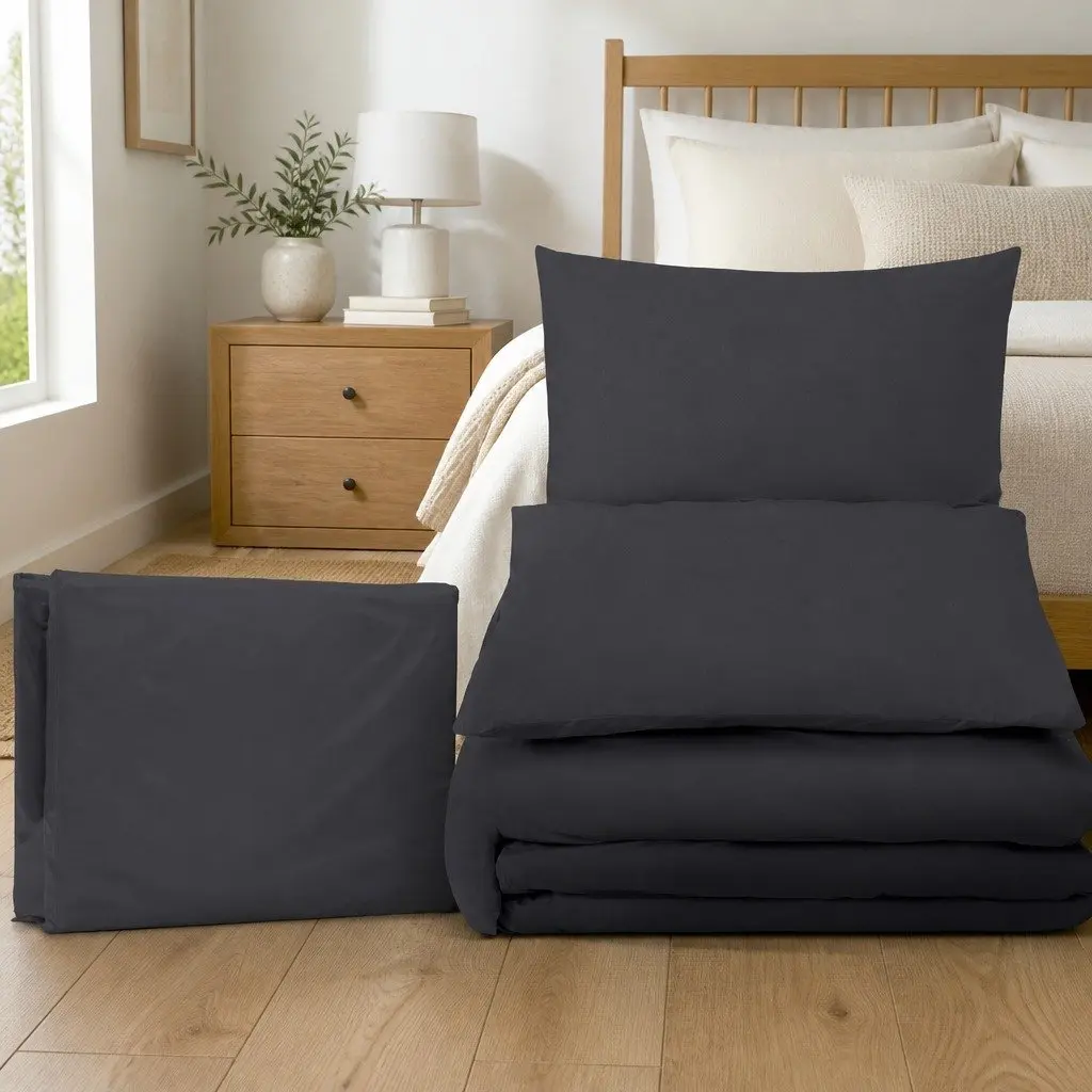 Quilt Cover Set Super King Black 3-Piece Duvet Bedding Microfibre Pillowcases