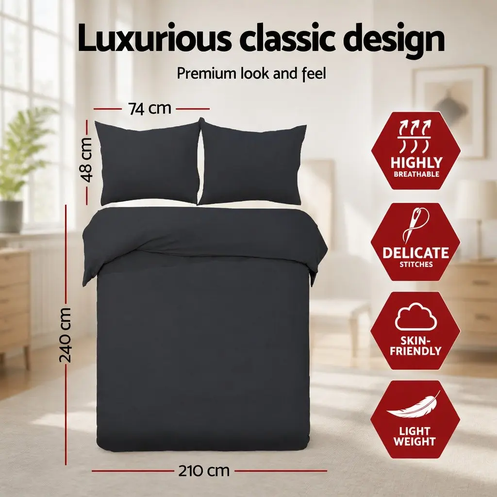 King Duvet Cover Set Microfibre 3-Piece Bedding Black