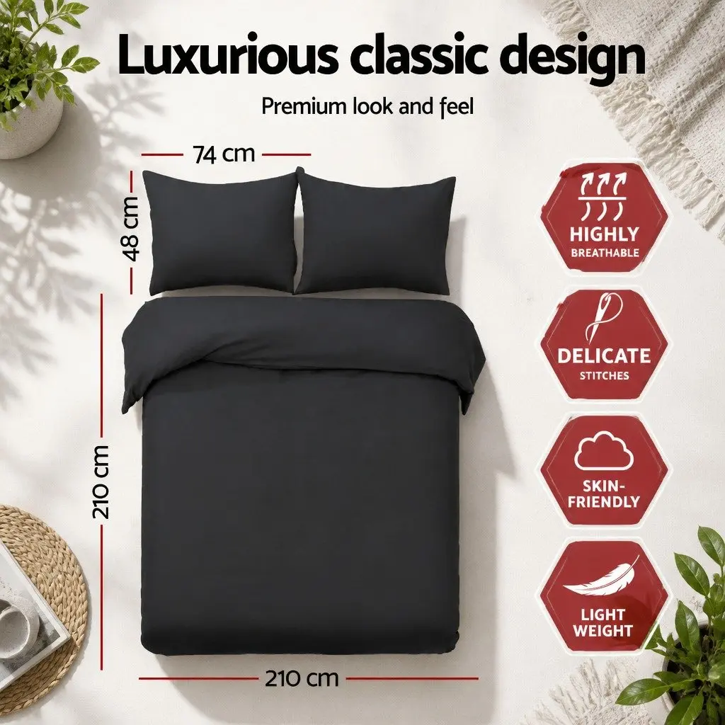 Queen Quilt Cover Set Microfibre 3 Piece Bedding Black