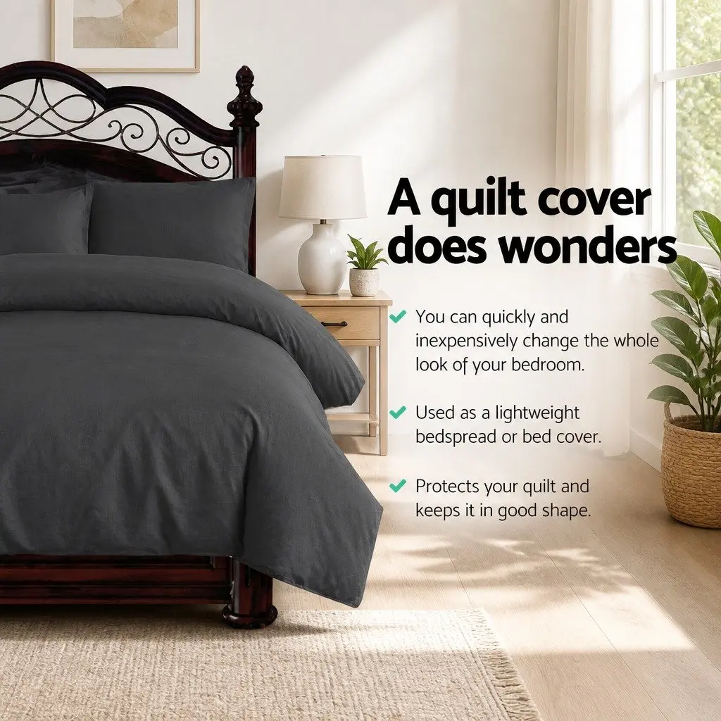 Queen Quilt Cover Set Microfibre 3 Piece Bedding Black