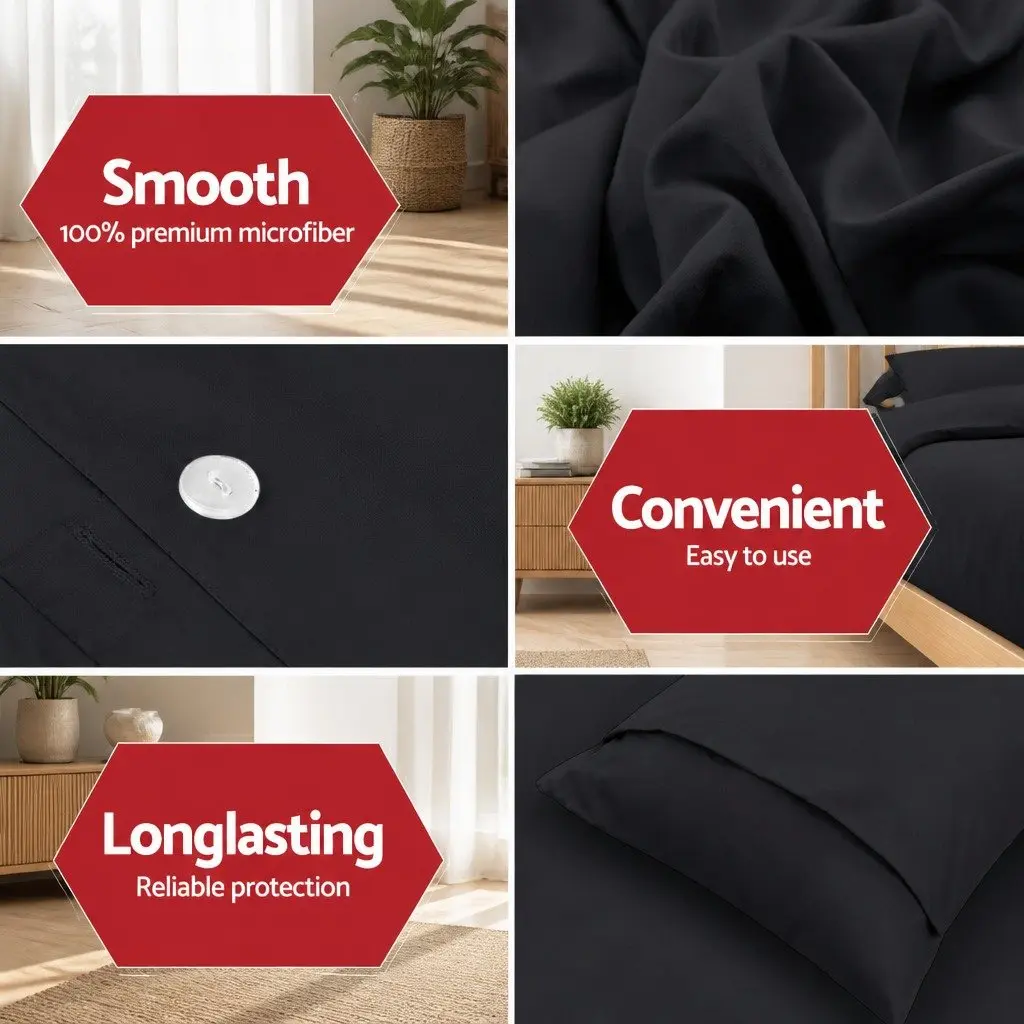 Queen Quilt Cover Set Microfibre 3 Piece Bedding Black