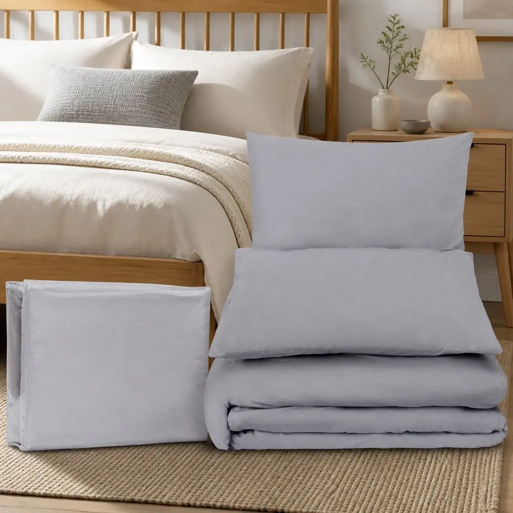 King Size Microfibre Quilt Cover Set 3 Piece Pinch Pleated Bedding Grey