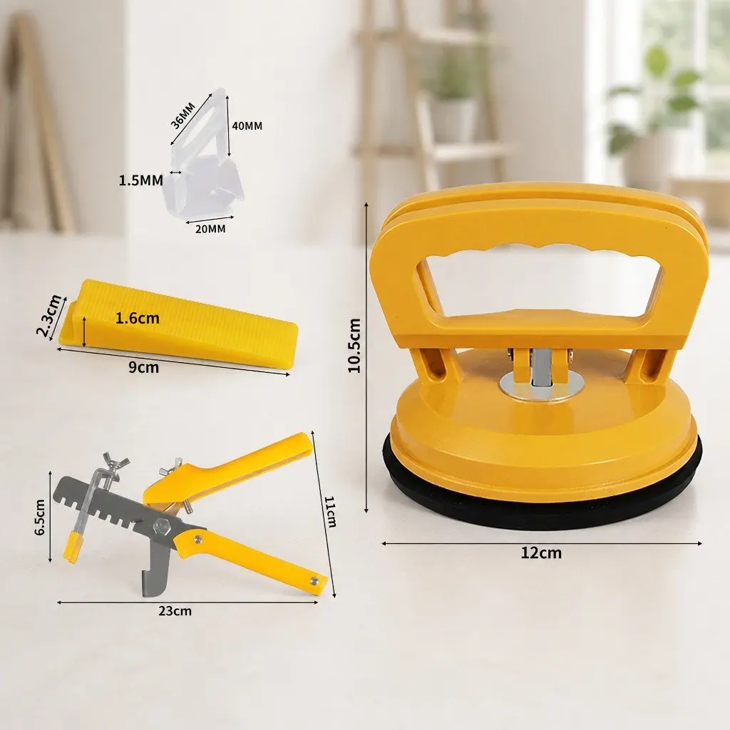 Tile Leveling System Plastic Clips Wedges Pliers Suction Cups 37mm x 37mm White 9cm x 2.3cm Yellow 23cm x 13cm Yellow and Silver 12.5cm x 10.2cm