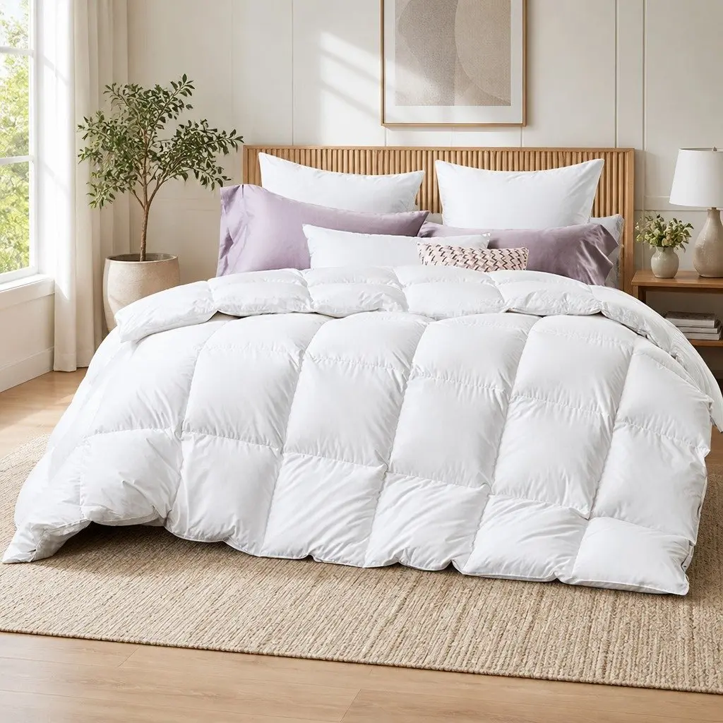 Duck Down Feather Quilt White Cotton Queen Size Baffle Box Construction Winter Bedding