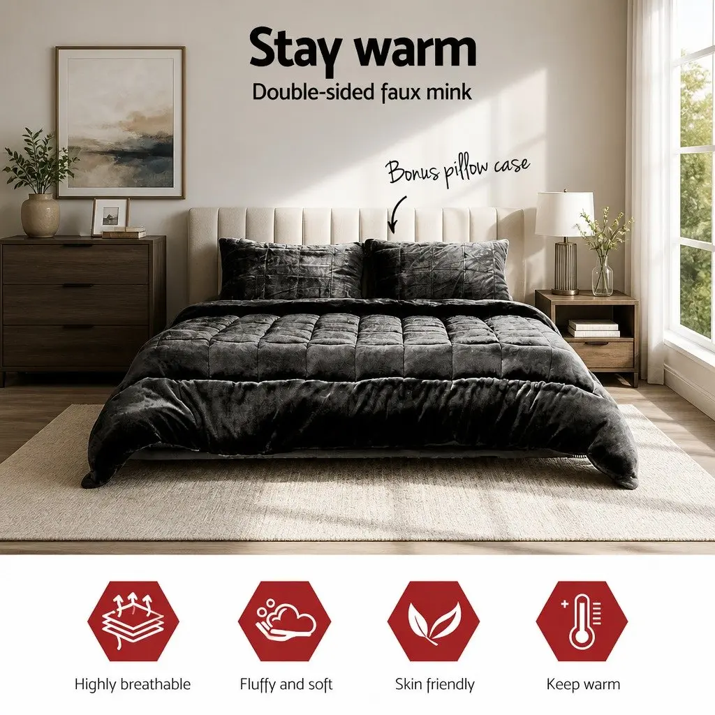 King Size Faux Mink Quilt Charcoal Double-Sided Bedding Winter Weight with Pillowcases