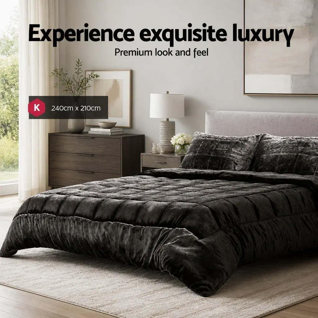 King Size Faux Mink Quilt Charcoal Double-Sided Bedding Winter Weight with Pillowcases