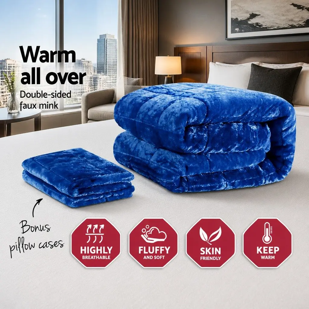 Double-Sided Faux Mink Quilt King Size Soft Polyester Winter Weight Teal with Pillowcases and Storage Bag