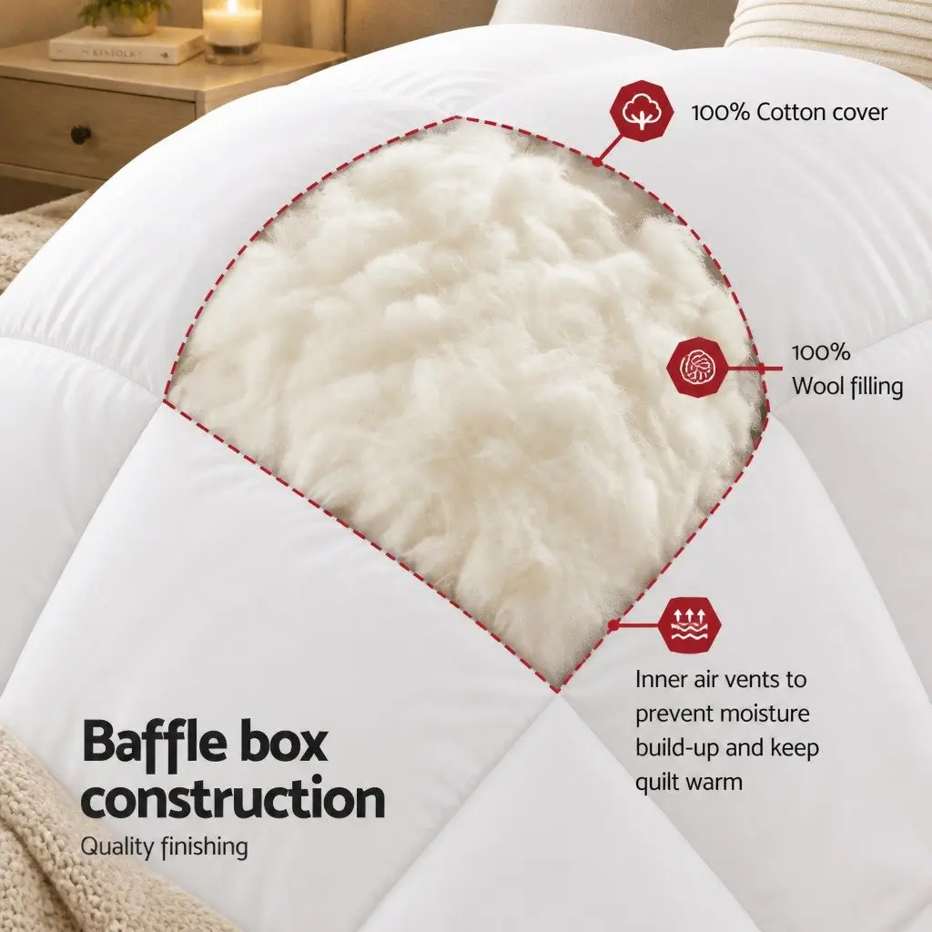 Wool Quilt 800GSM Double White Baffle Box Construction Pure Cotton Cover