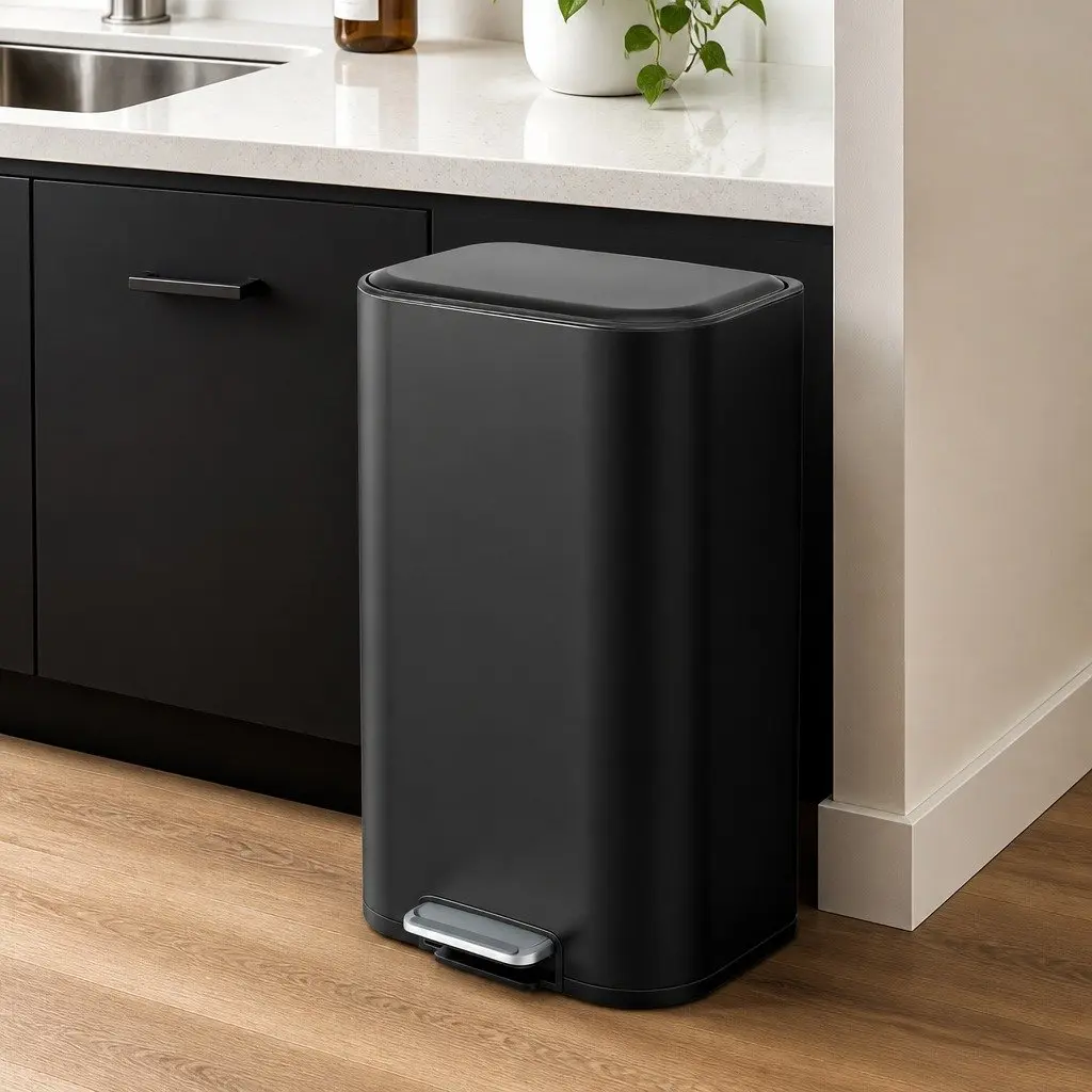 40L Pedal Trash Can Steel Rectangular Black Soft Close Lid