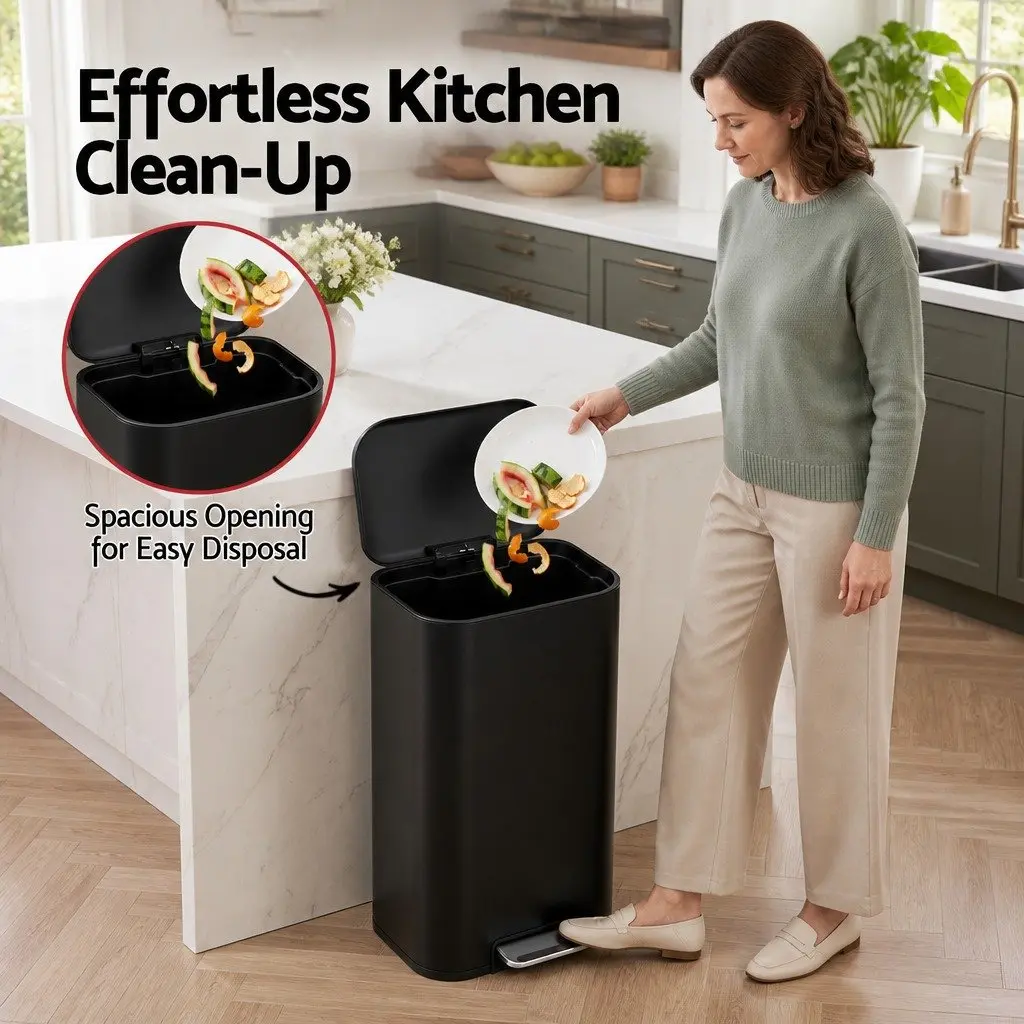 40L Pedal Trash Can Steel Rectangular Black Soft Close Lid