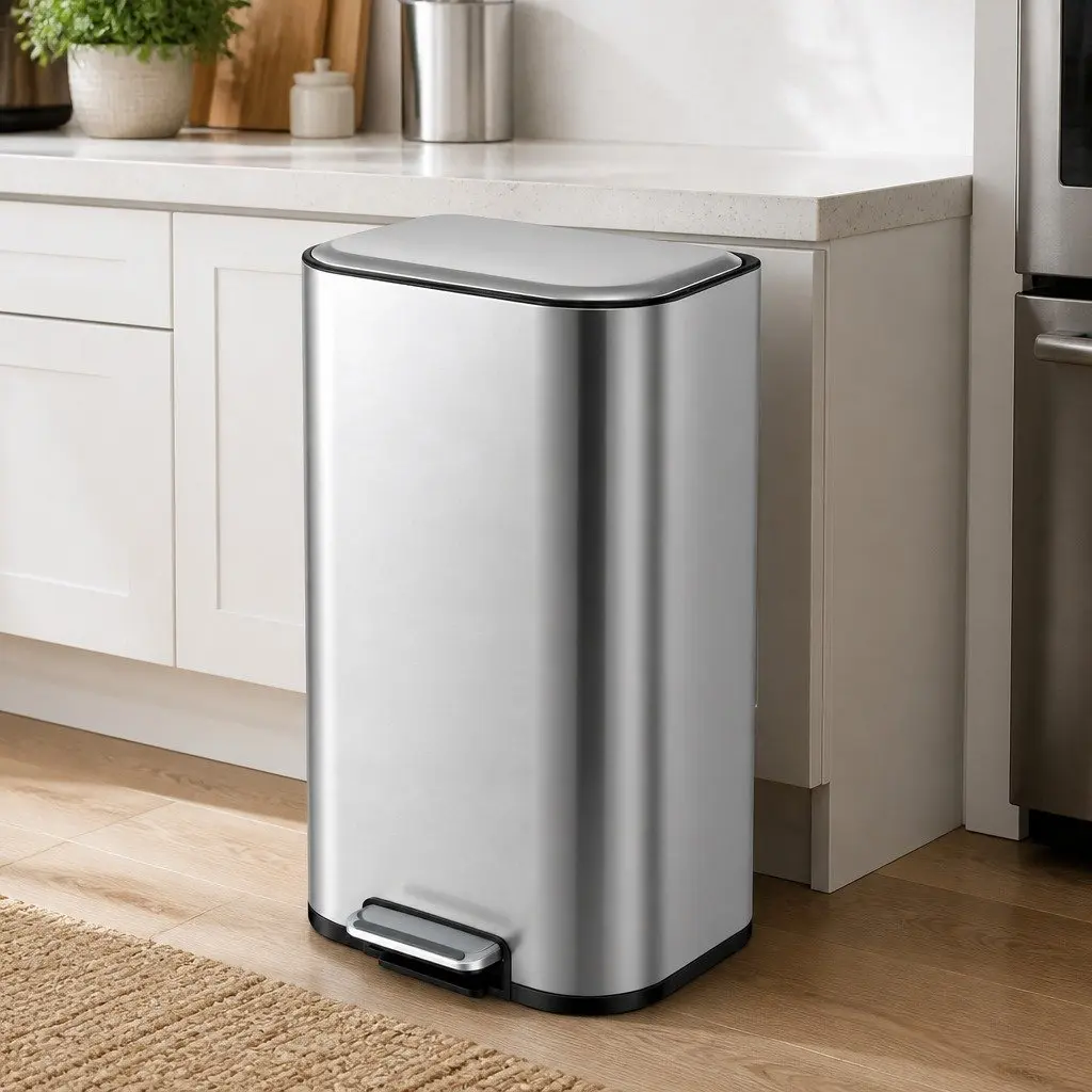 40L Kitchen Trash Can Silver Steel Pedal Bin with Soft Close Lid and Removable Bucket
