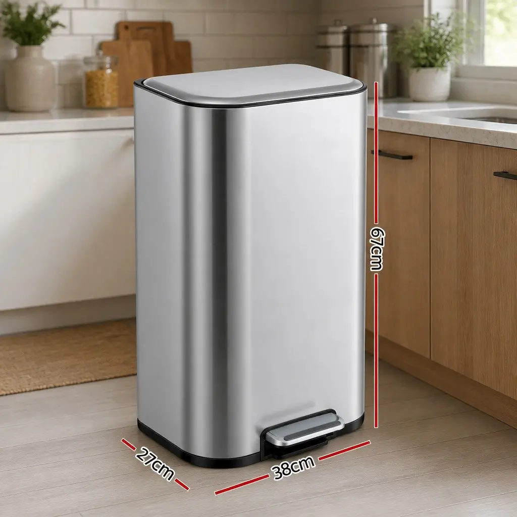 40L Kitchen Trash Can Silver Steel Pedal Bin with Soft Close Lid and Removable Bucket