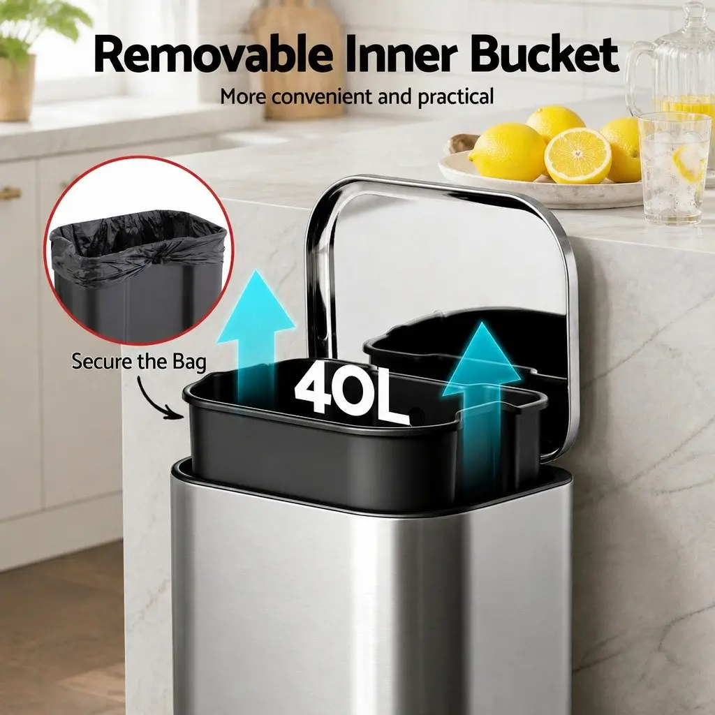 40L Kitchen Trash Can Silver Steel Pedal Bin with Soft Close Lid and Removable Bucket