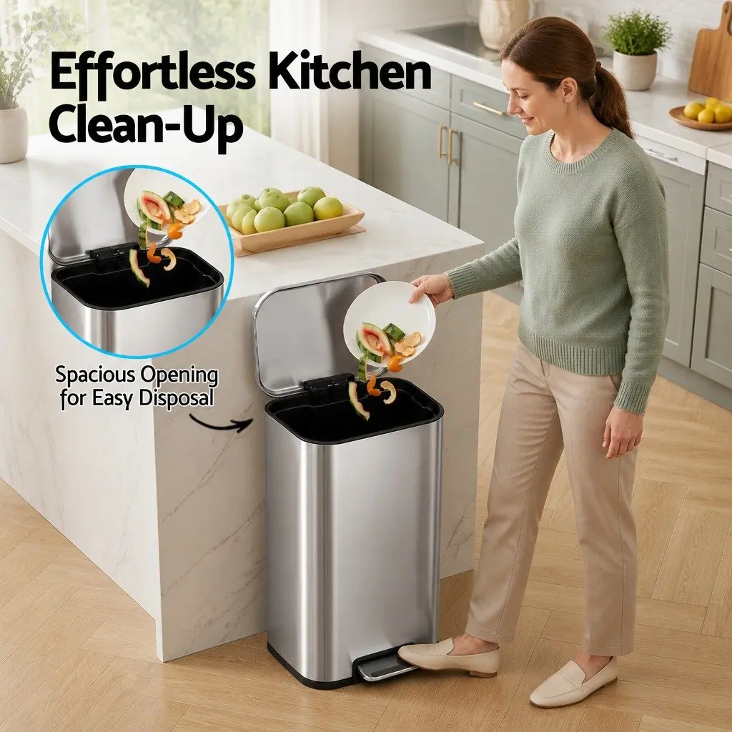 40L Kitchen Trash Can Silver Steel Pedal Bin with Soft Close Lid and Removable Bucket