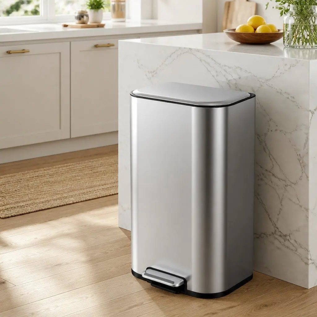 40L Kitchen Trash Can Silver Steel Pedal Bin with Soft Close Lid and Removable Bucket