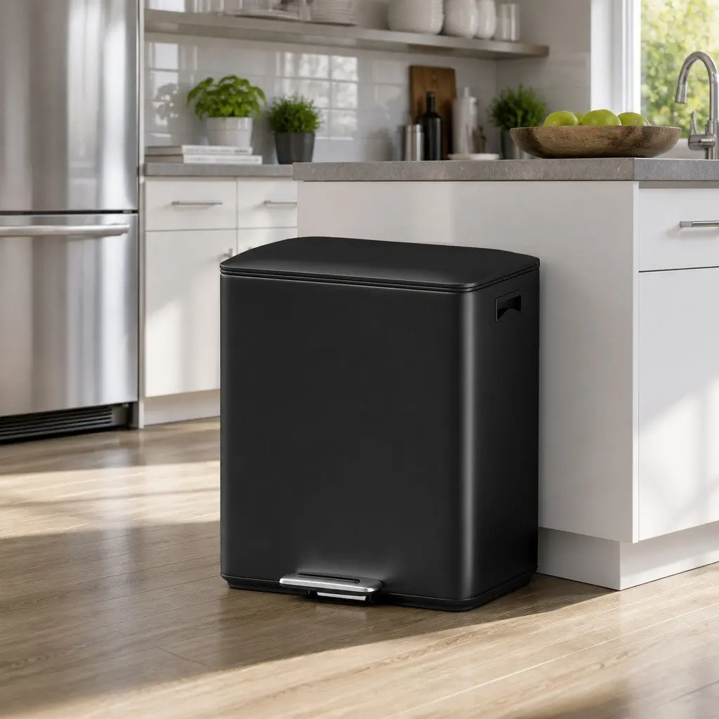Pedal Bins Carbon Steel Dual Compartment 40L Black Kitchen Dustbin