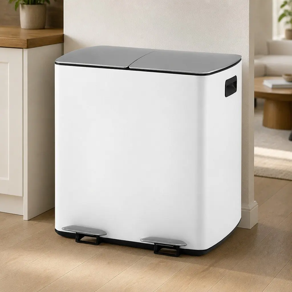 Pedal Bin Dual Compartment Carbon Steel 40L White Kitchen Rubbish