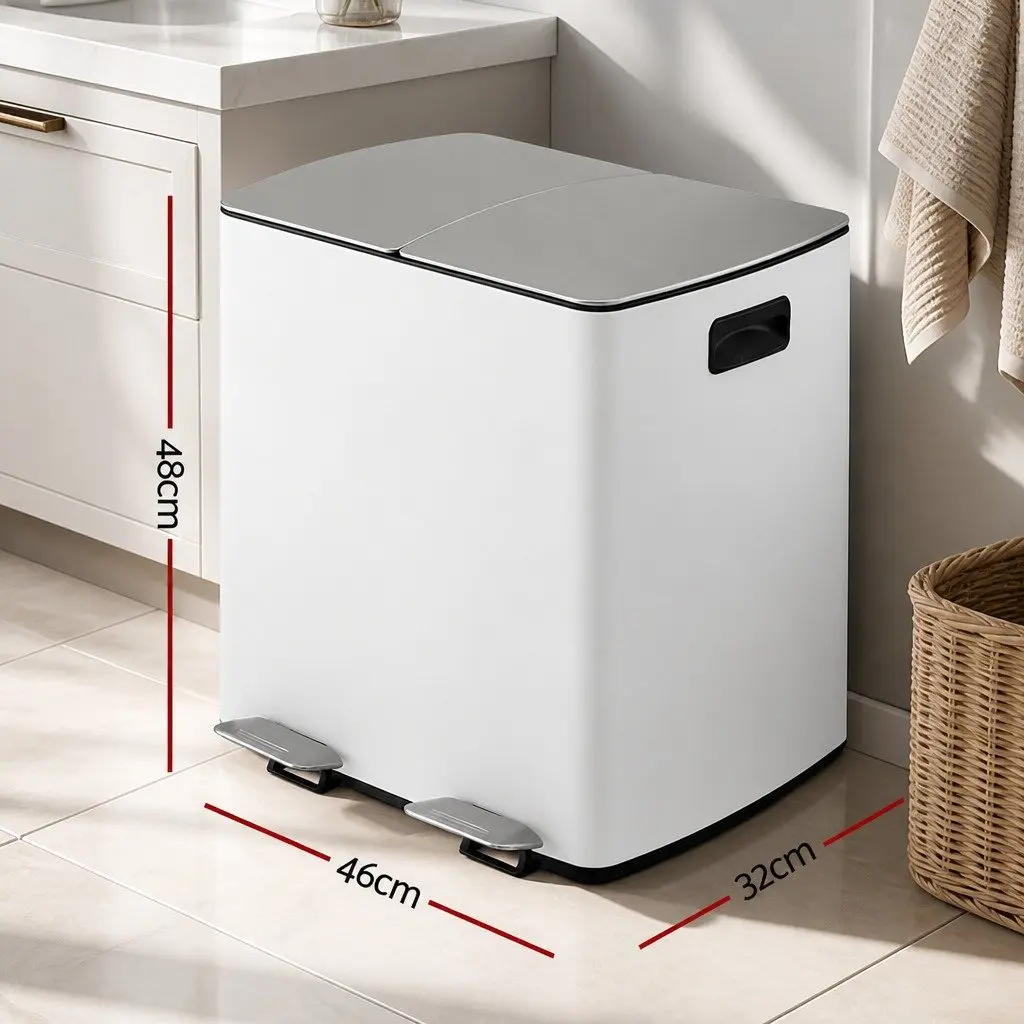 Pedal Bin Dual Compartment Carbon Steel 40L White Kitchen Rubbish