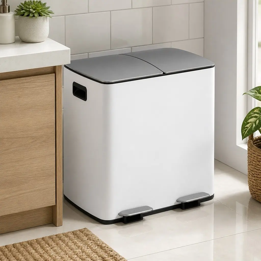 Pedal Bin Dual Compartment Carbon Steel 40L White Kitchen Rubbish