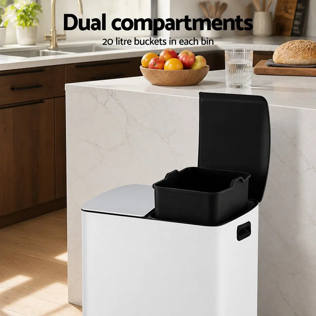Pedal Bin Dual Compartment Carbon Steel 40L White Kitchen Rubbish
