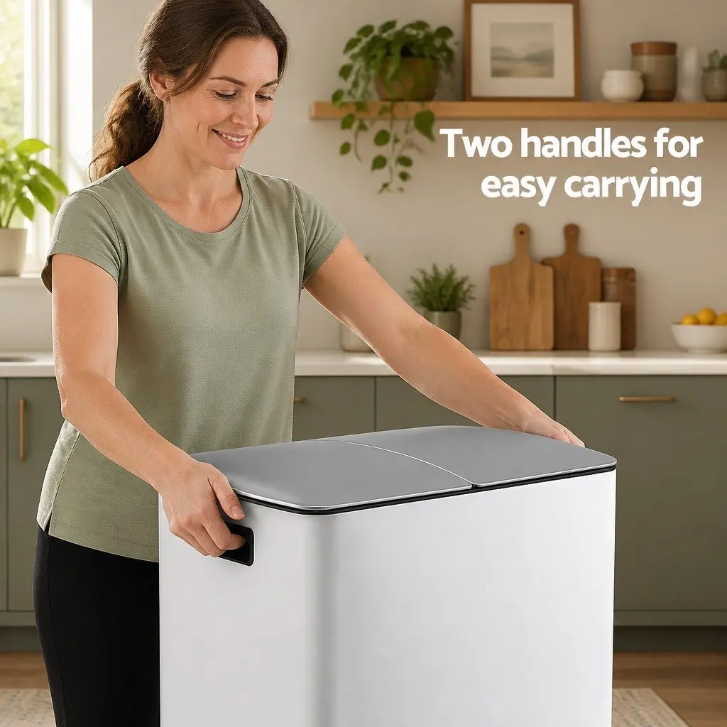 Pedal Bin Dual Compartment Carbon Steel 40L White Kitchen Rubbish