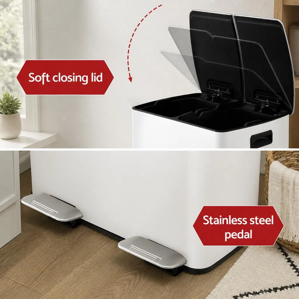 Pedal Bin Dual Compartment Carbon Steel 40L White Kitchen Rubbish