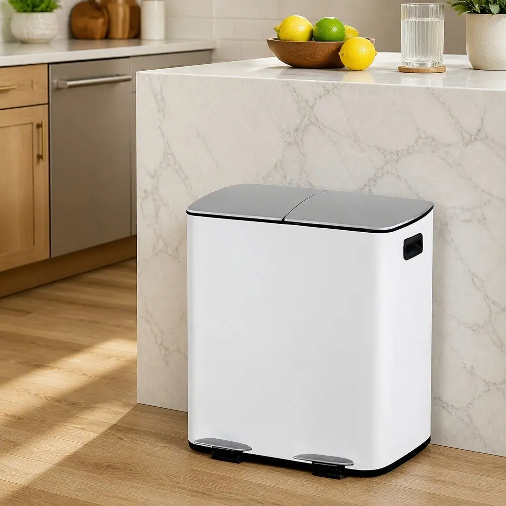 Pedal Bin Dual Compartment Carbon Steel 40L White Kitchen Rubbish