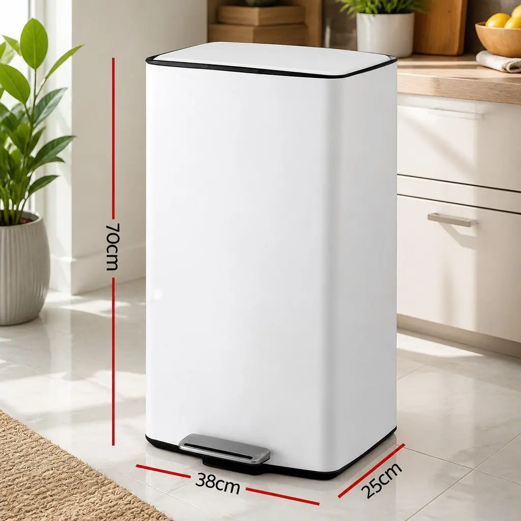 Pedal Bin Stainless Steel 40L White Kitchen Trash Can Hands-Free Soft-Closing Dustbin