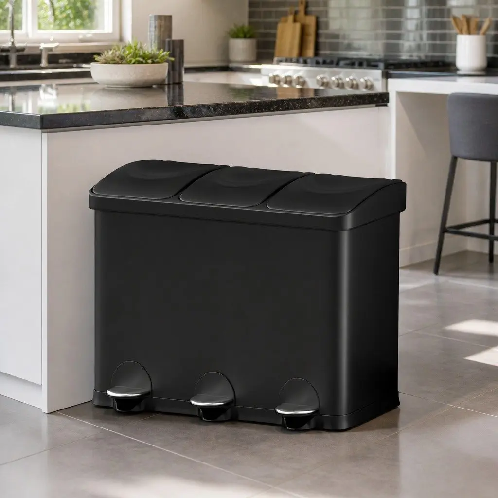 Triple Compartment Pedal Bin Carbon Steel 45L Black