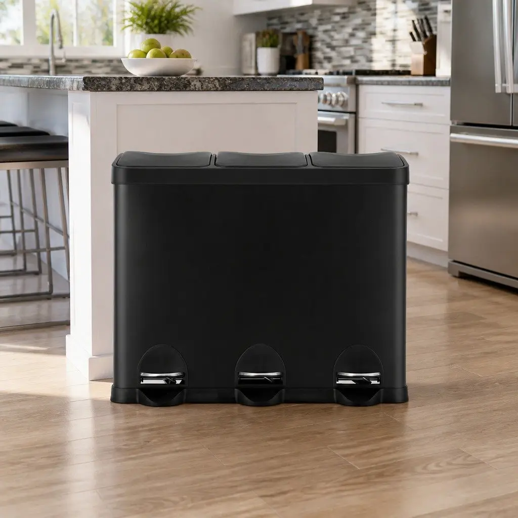 Triple Compartment Pedal Bin Carbon Steel 45L Black